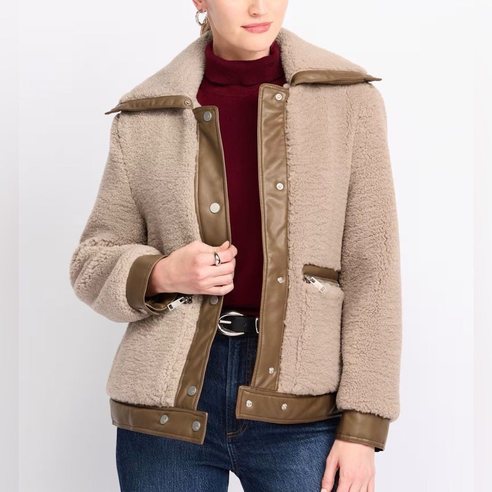 ANDREW MARC Faux Leather Trim Sherpa Coat Beige Large NWT STITCH FIX